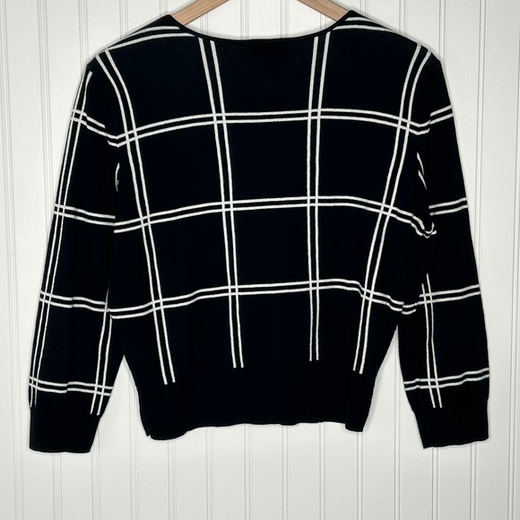 Chaps Womens Cardigan Black White Plaid Button Front Knit Sweater Top L - Picture 2 of 7